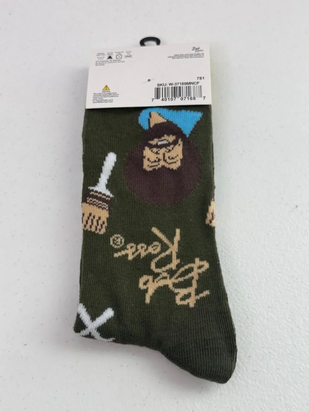 Bob Ross Mens Crew Socks Green Paint Brush Artist Novelty Shoe Size 6-12 New